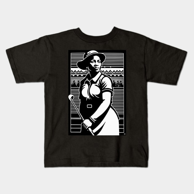 Woman Golfer Woodblock Print Kids T-Shirt by ArtShare